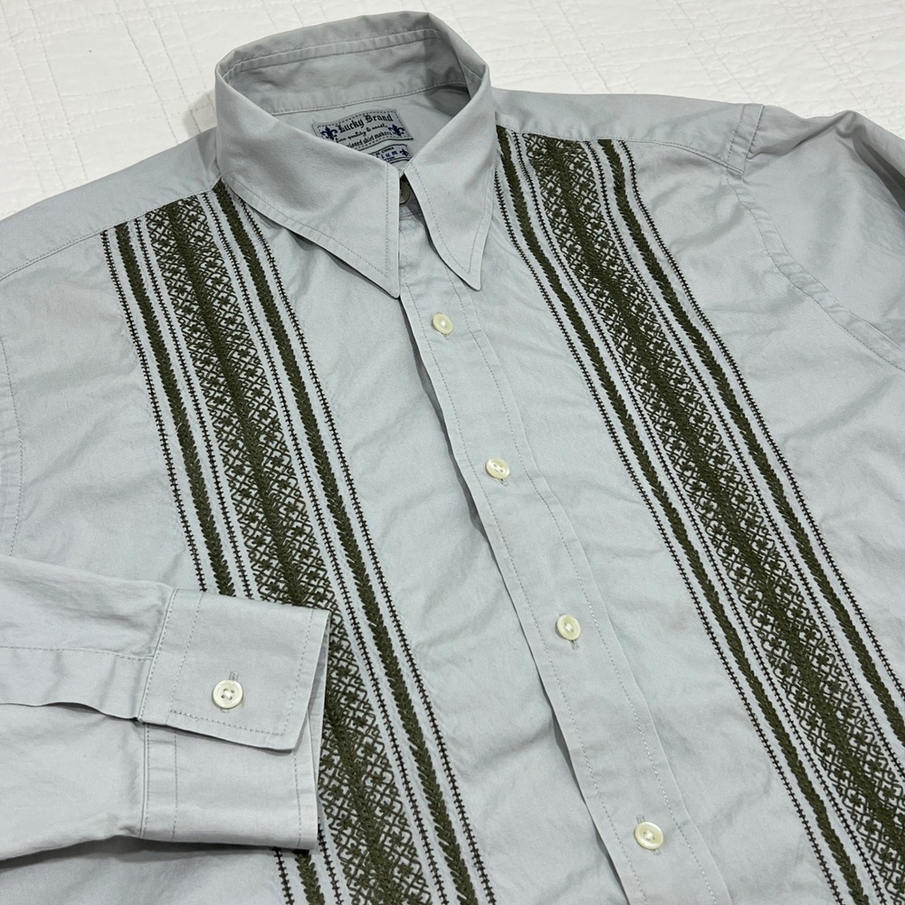 Lucky Brand Mens Grey Cotton Embroidered Stripe Guayabera Button Down Shirt M
